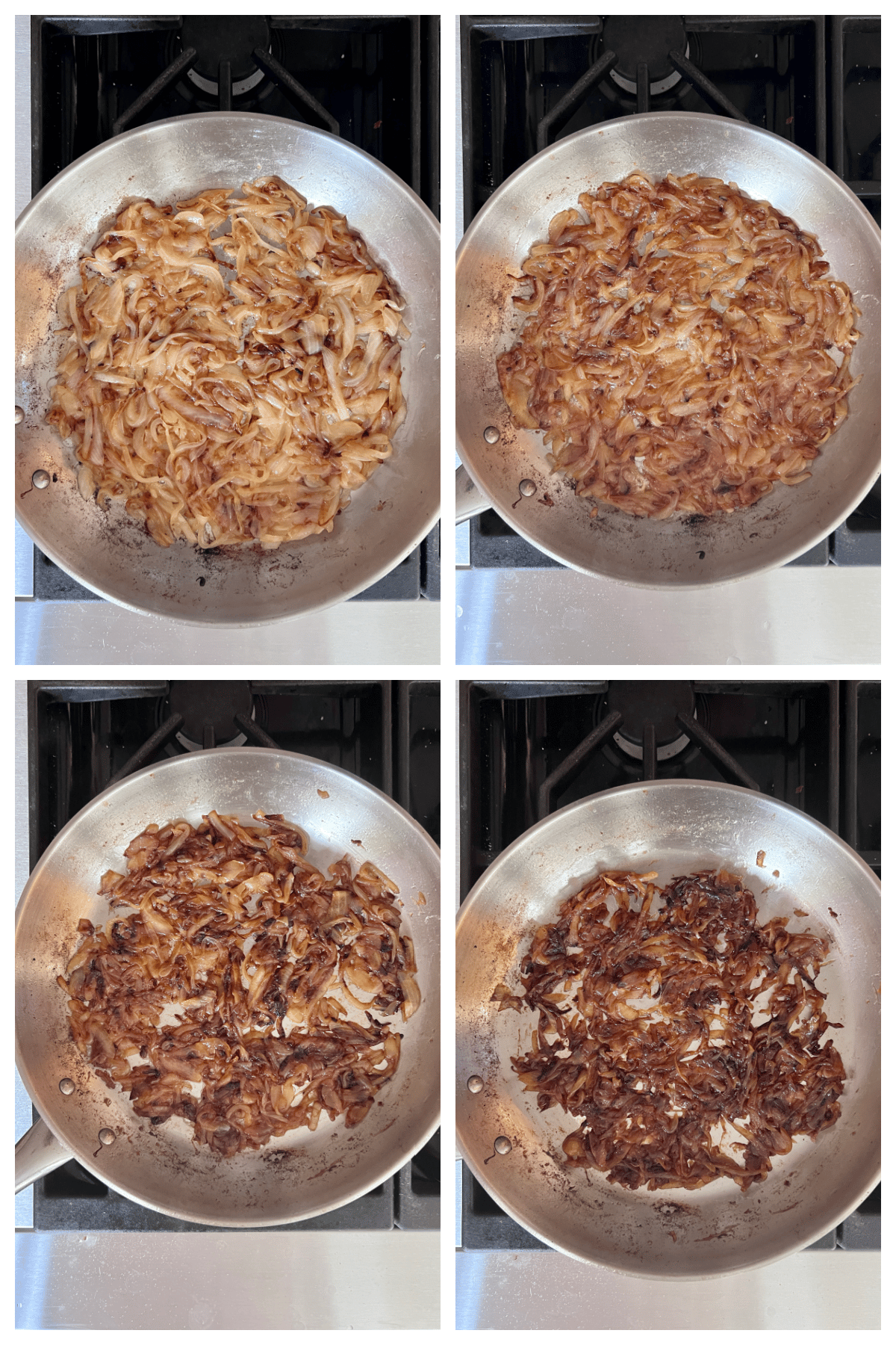 for a how to caramelize onions tutorial, an overhead view of four stages of sliced onions cooking in a stainless skillet - the last 20 minutes bringing a deep golden brown caramelization