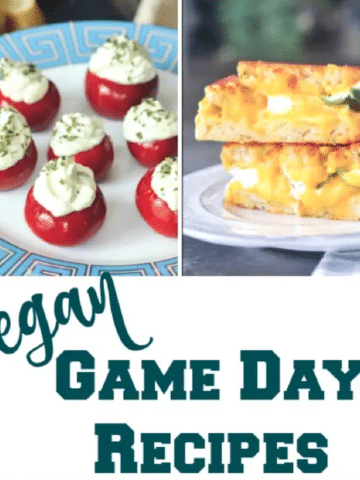 a collage of two photos and text that reads Vegan Game Day Recipes. left side image is Boursin cheese stuffed red peppadew peppers, right side image is a jalapeno popper grilled cheese sandwich.