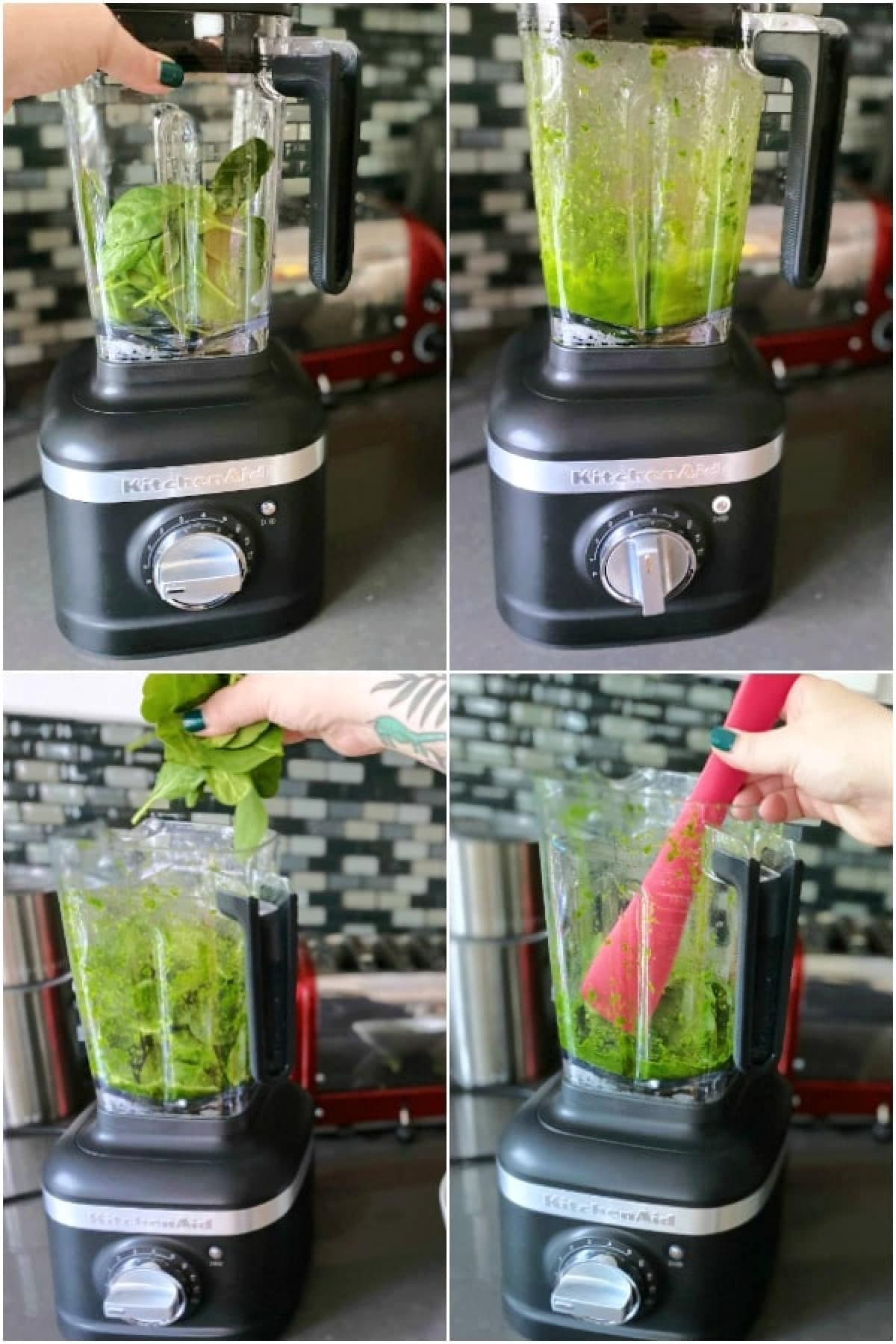 How to make green mac and cheese: several photos of blending spinach to a liquid