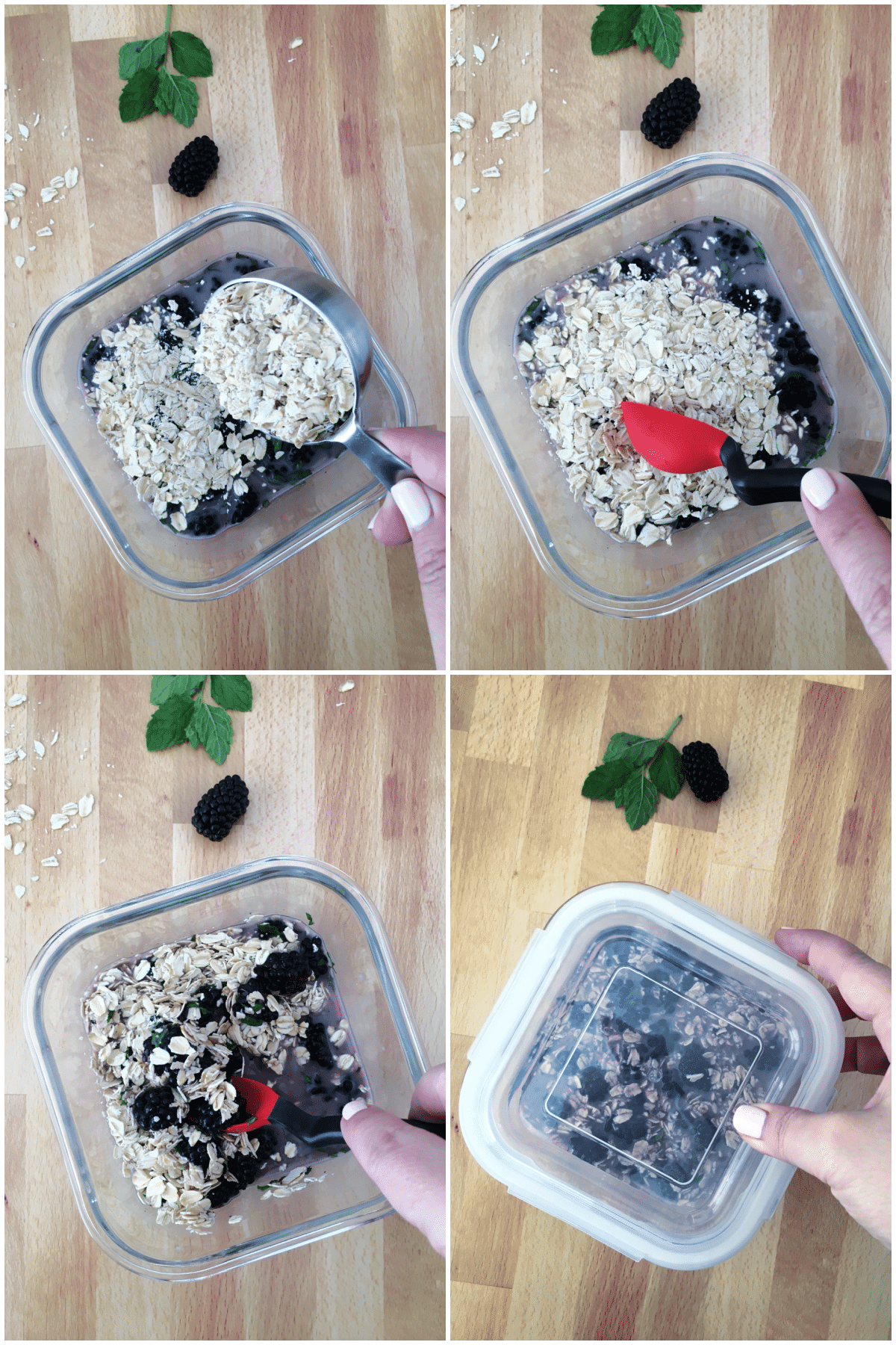 4 images showing how to make overnight oats: add berries, milk, and oats to a glass container, stir to combine, cover with lid