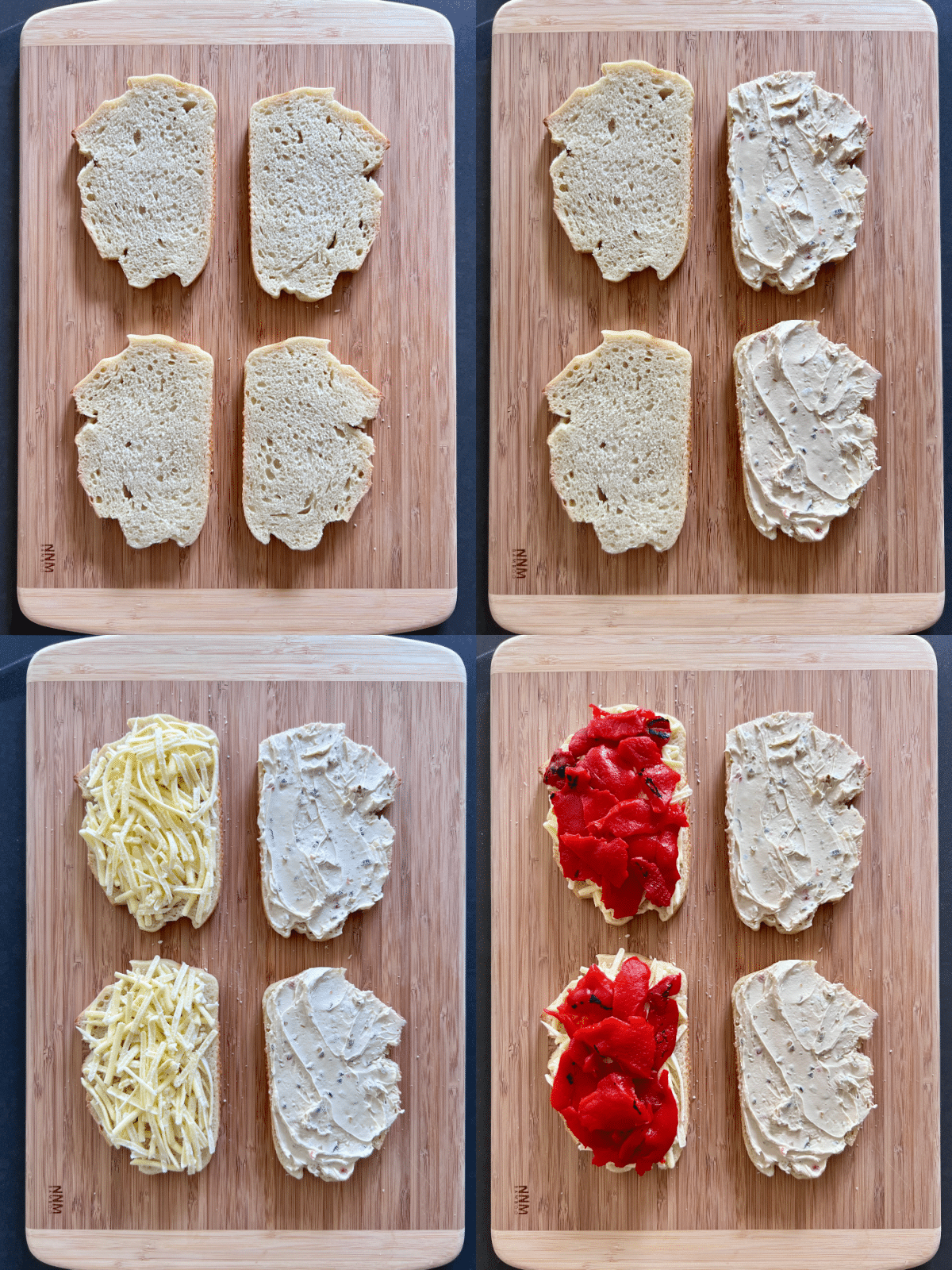 a four photo collage showing how to make roasted red pepper grilled cheese: for two sandwiches, four bread slices on bamboo cutting board / one side spread with dairy free cream cheese / the other side covered with grated dairy free cheese / roasted red peppers on top of that cheese.