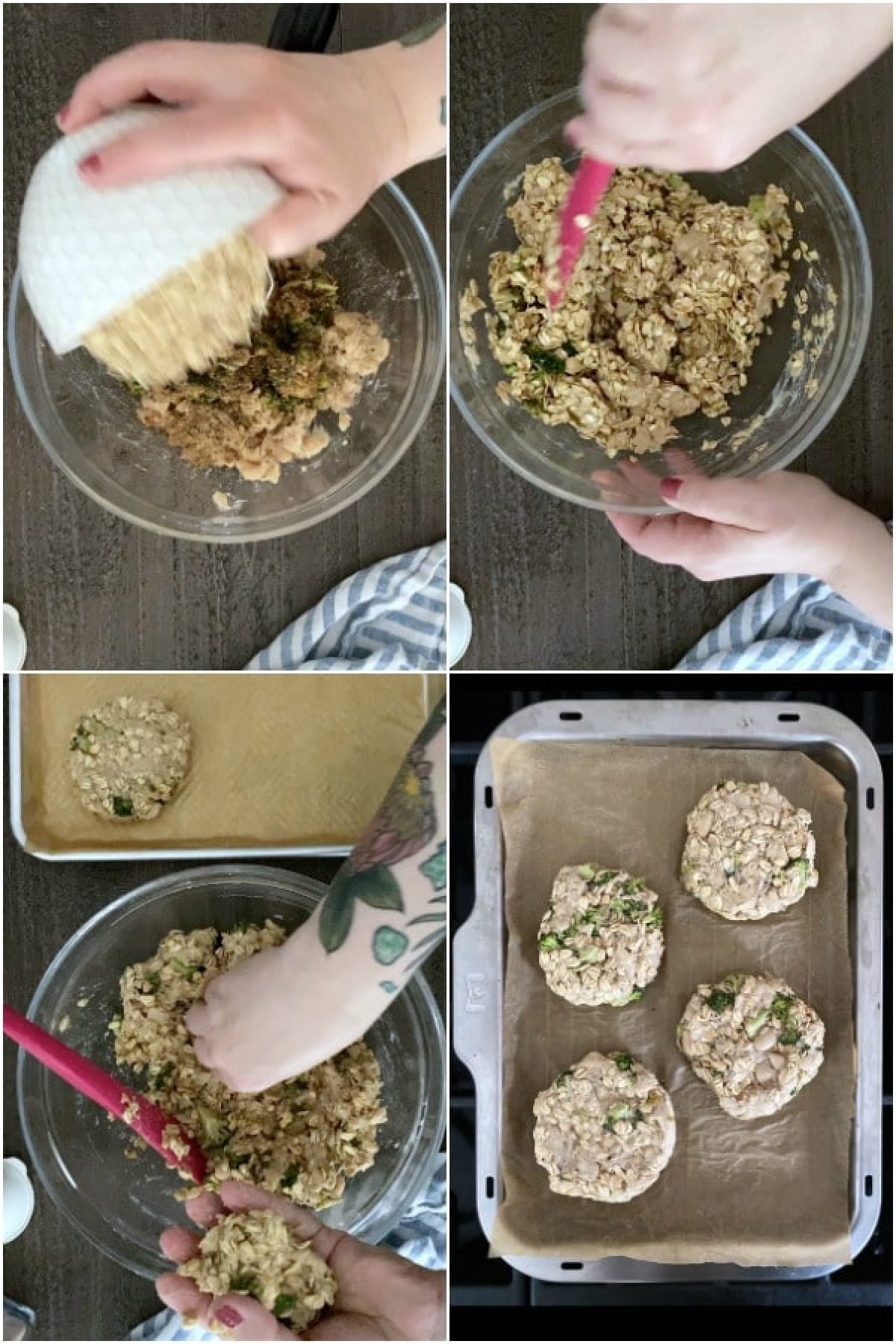 photo collage showing how to make veggie burgers: add oats, mix, form patties, bake