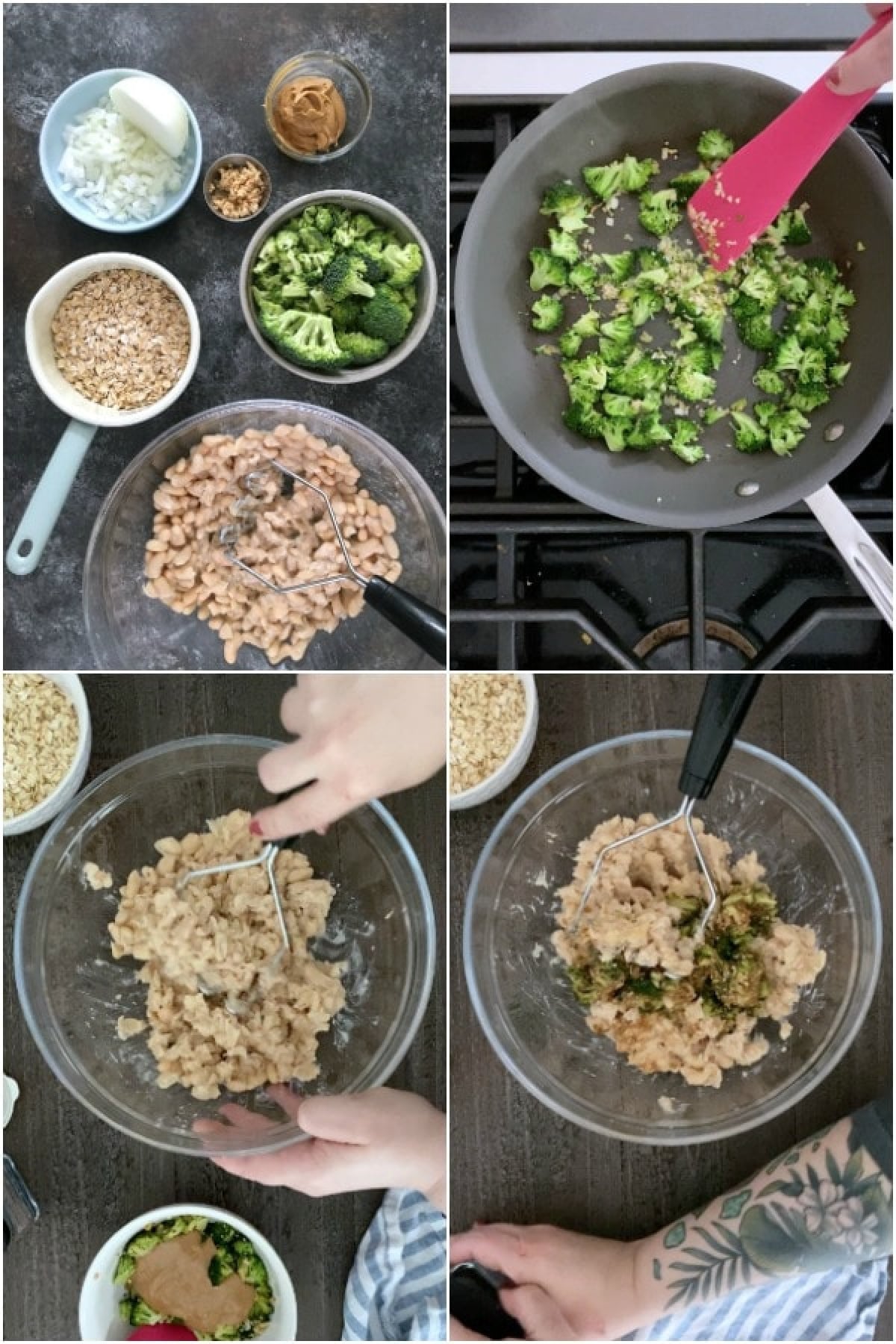 photo collage showing how to make white bean veggie burgers: overhead shot of ingredients, saute onion garlic broccoli, mash beans, combine