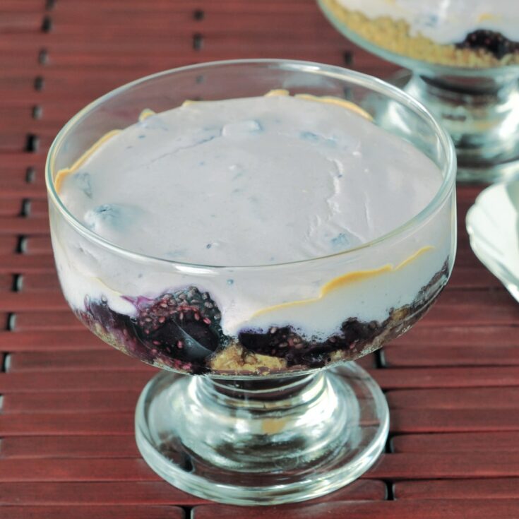 Baked berry custard with a granola cookie base in a small footed glass dish.