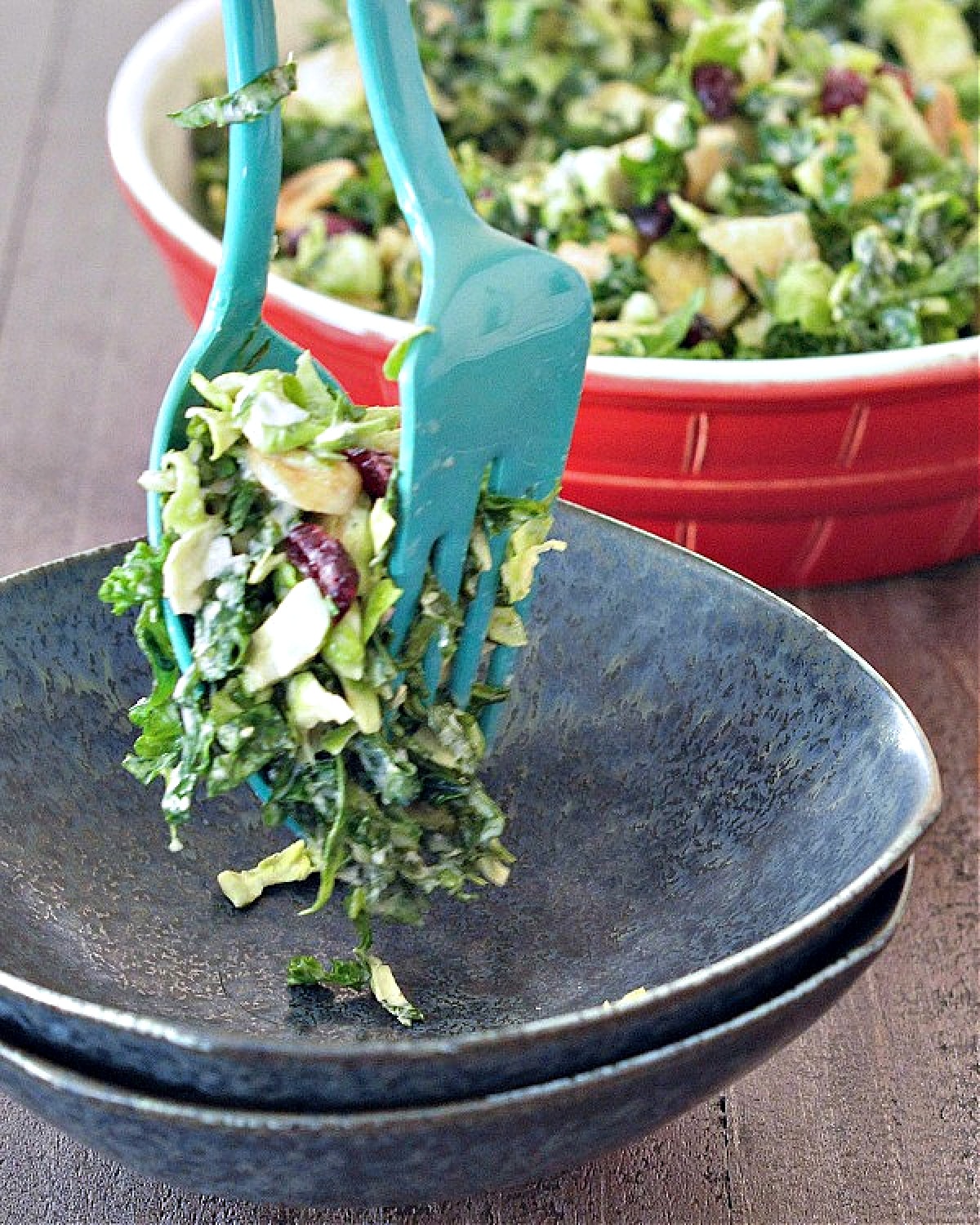 Lemon brussels and kale salad with cashews and dried cranberries being portioned into a bowl with turquoise serving utensils, with the large red serving bowl of salad in background.