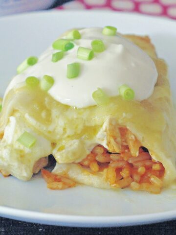 One cheesy Hatch chile enchilada covered in green sauce, sour cream, and diced green onion on a white plate, red and white napkin under plate.