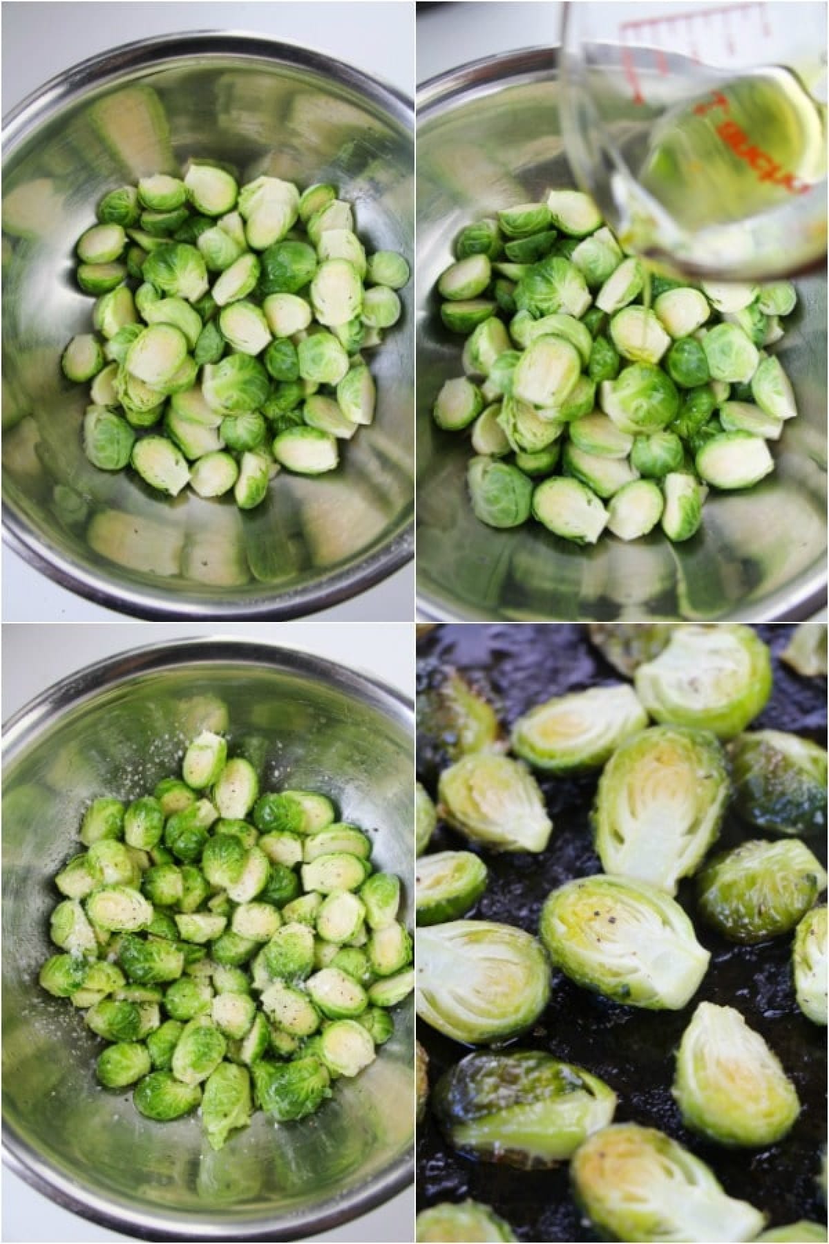 four photo collage showing how to make ginger lime Brussels sprouts: toss in a bowl, add oil and seasonings, pan fry.