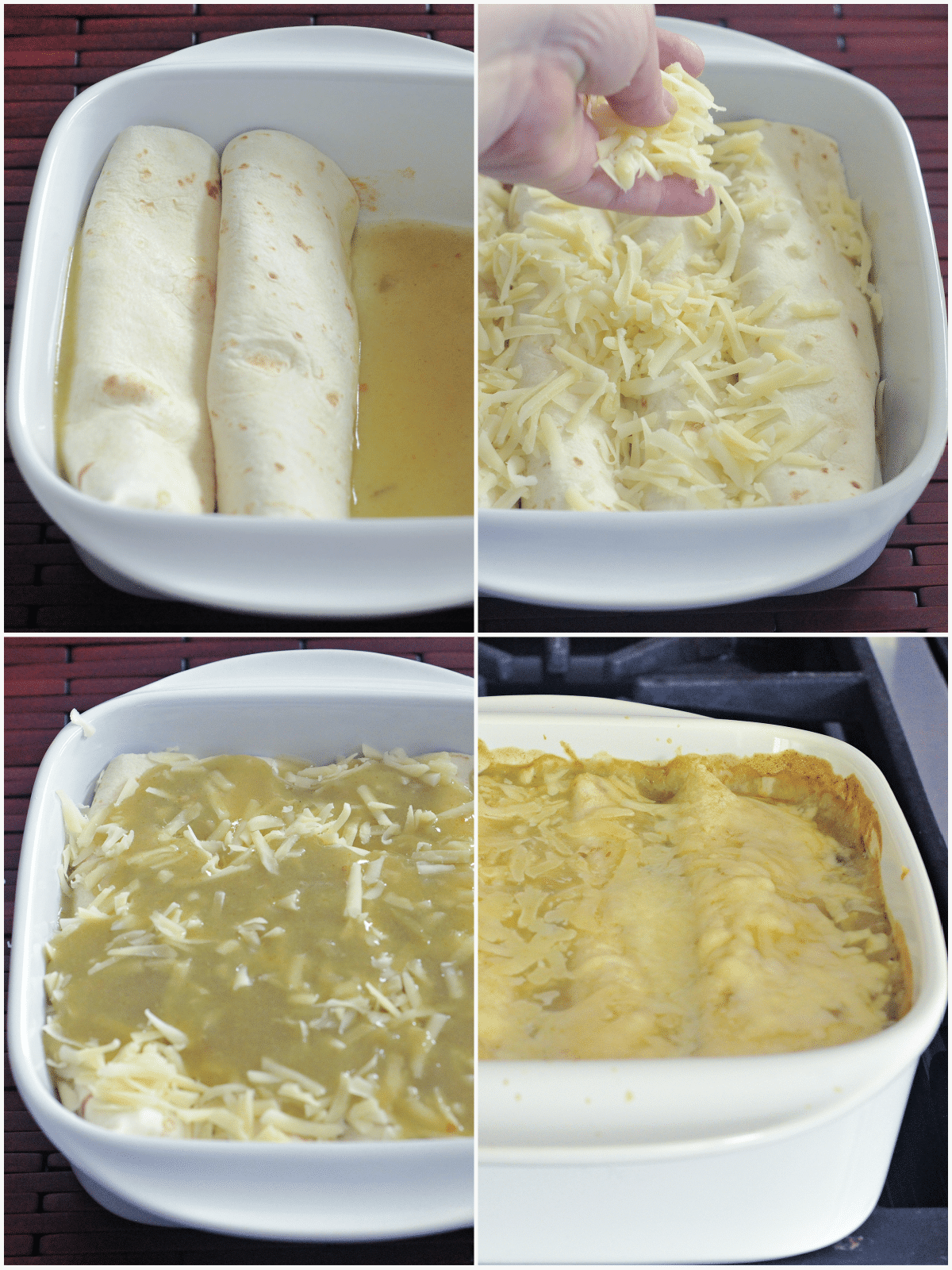 A four photo collage showing ow to make Hatch chile enchiladas: add green sauce to bottom of baking dish, add rolled up enchiladas, add grated cheese on top, add more green enchilada sauce, and bake.