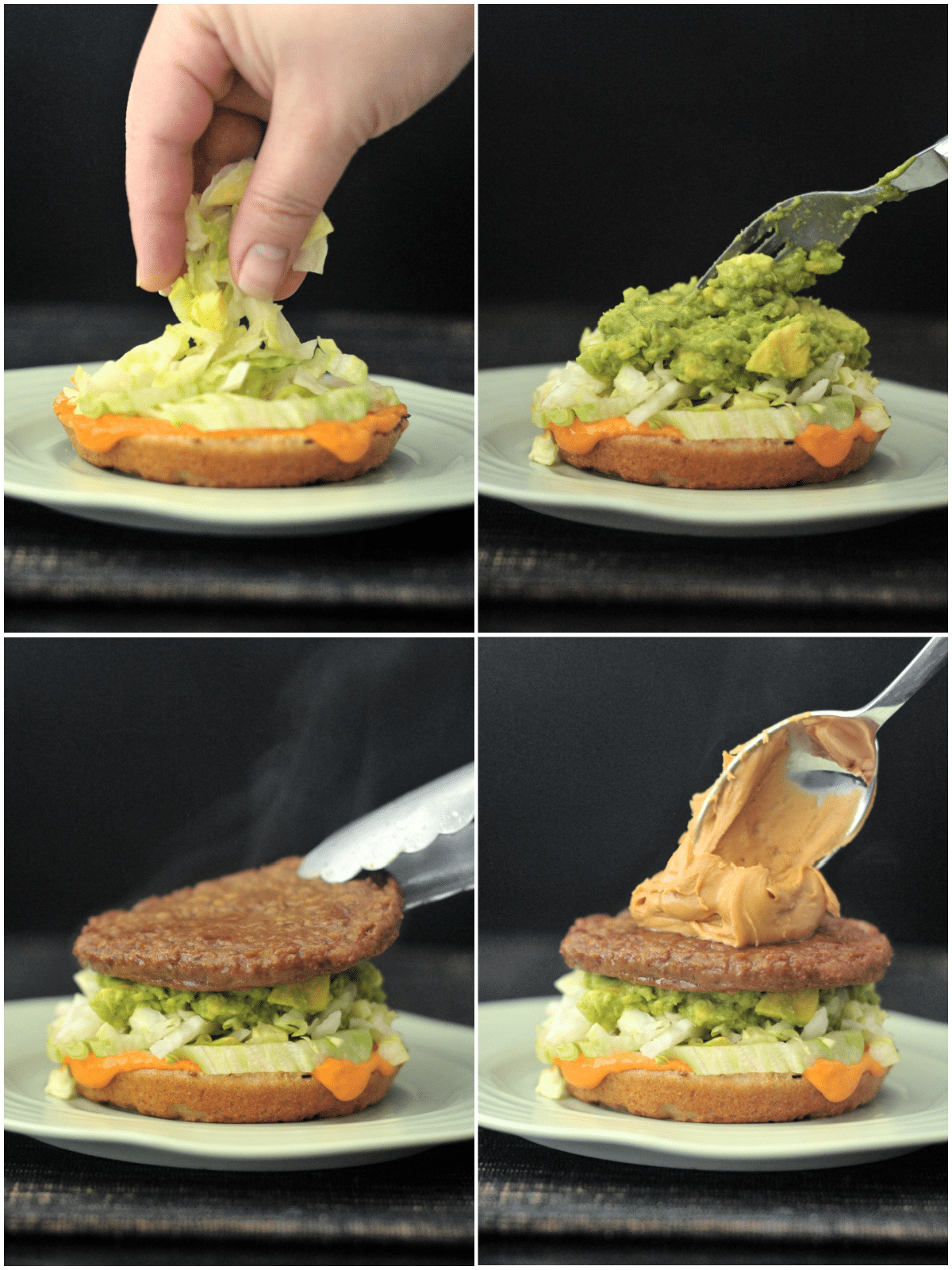 a four photo collage shows first steps in how to make a spicy peanut butter burger: to a bottom bun, add spicy kimchi sauce, shredded lettuce, mashed avocado, veggie burger patty, a tablespoon of peanut butter.