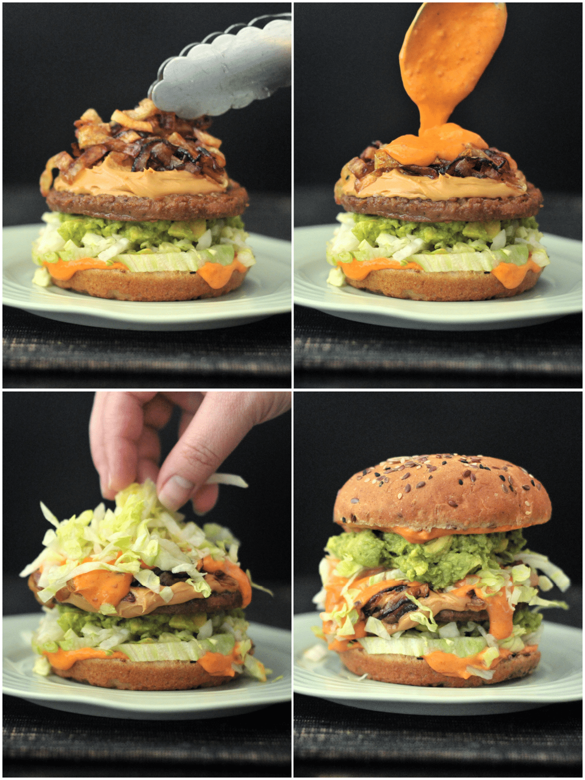 a four photo collage shows last steps in how to make a spicy peanut butter burger: add caramelized onion, add spicy kimchi sauce, add shredded lettuce, add top bun.
