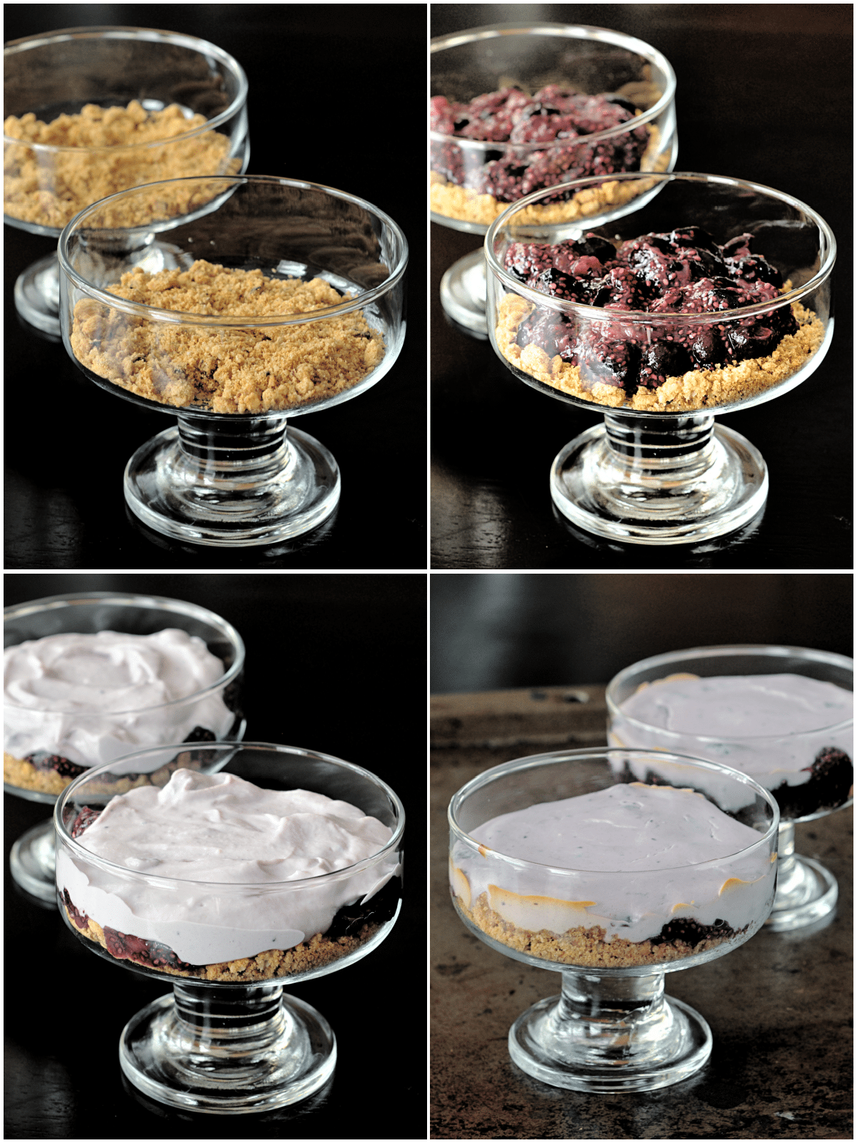 A four photo collage showing how to make baked berry custard: add granola base to a glass dish, add berries, add yogurt custard mixture, and bake.