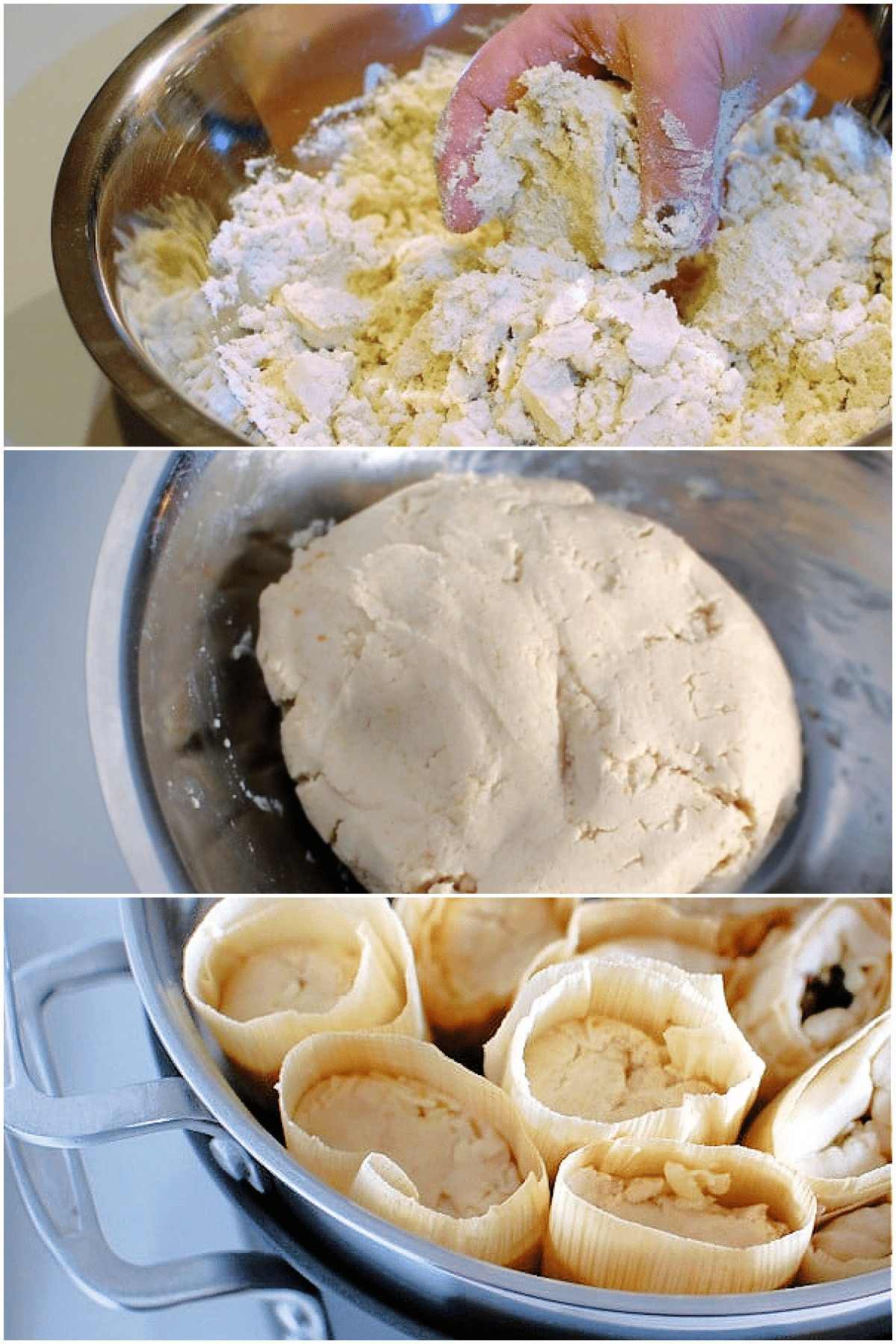 Three photo collage showing how to make masa and tamales: a hand crumbling the masa flour and water, a masa tamale dough ball in a large bowl, a large pot of steaming tamales.
