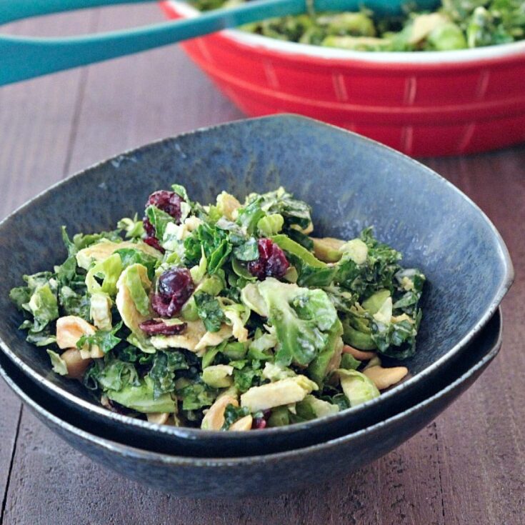 Lemon brussels and kale salad with cashews and dried cranberries in a dark grey bowl, with the large red serving bowl of salad in background.