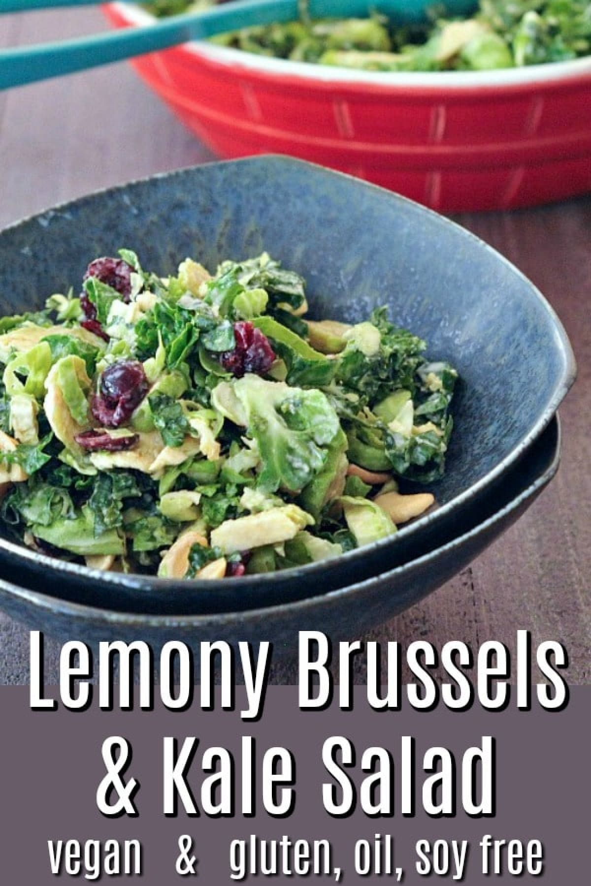 Lemon brussels and kale salad with cashews and dried cranberries in a dark grey bowl, with the large red serving bowl of salad in background.
