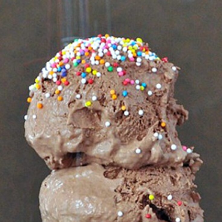 Close up of two scoops of chocolate oat milk ice cream with rainbow colored sprinkles against a brown background.
