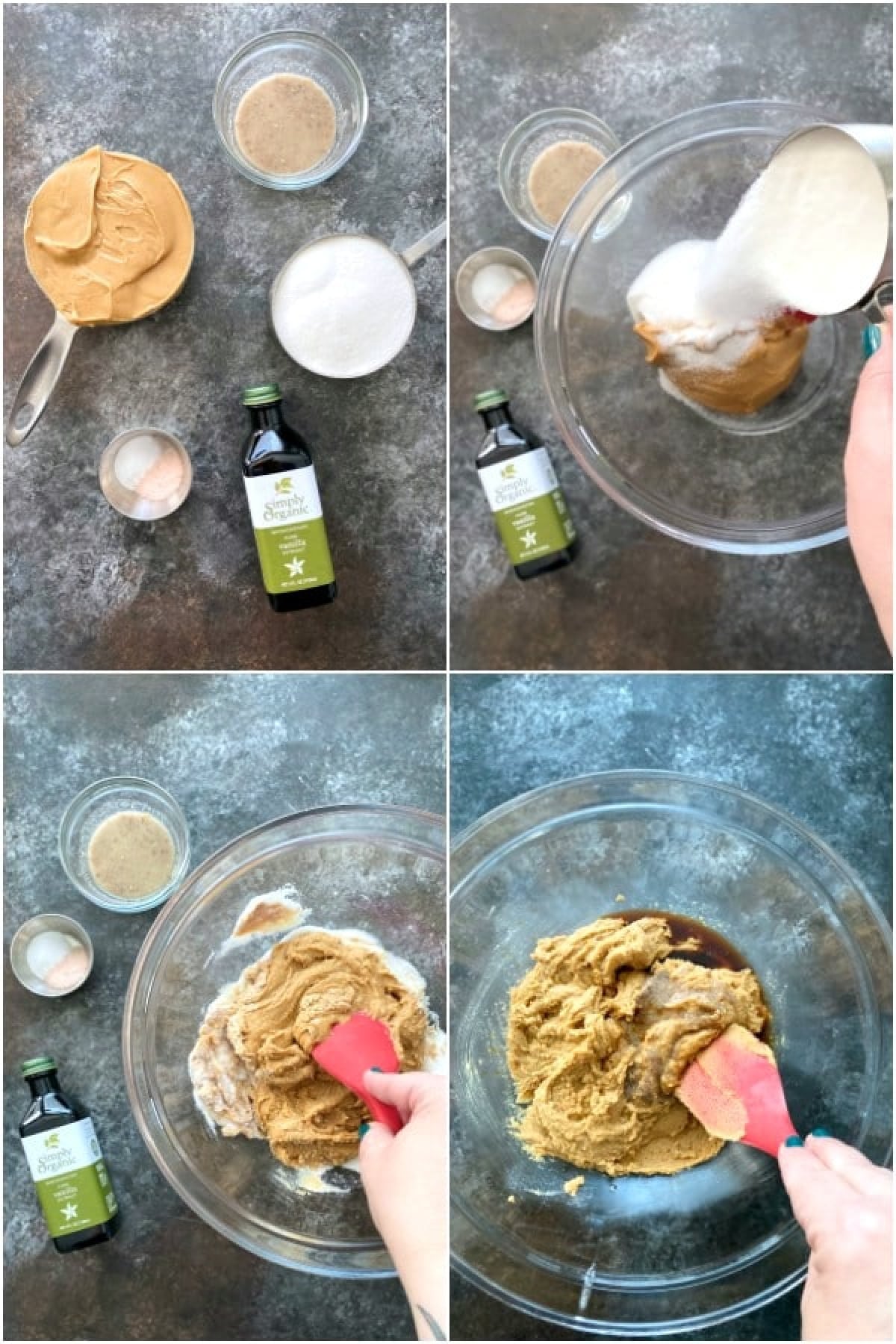 Four image collage showing How To Make Almond Butter Cookies: measuring cups of almond butter, sugar, almond flour, vanilla, flax egg, and baking powder