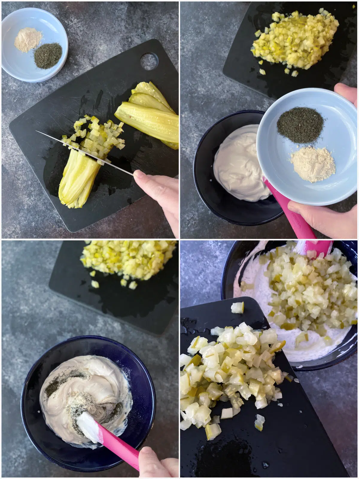 A four photo collage showing how to make dill pickle dip: chop pickles, add seasoning to dip base (cashew cream, mayonnaise), add chopped pickles and stir.