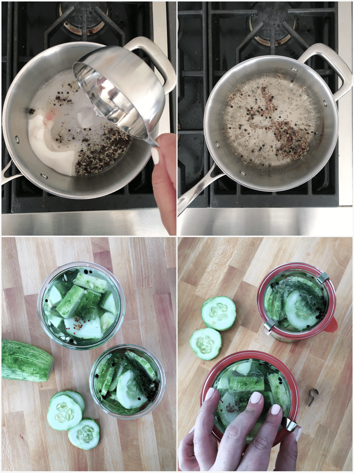 A four image collage showing how to make quick pickles: boiling vinegar and spices, adding cucumbers, peppers and peppercorns to glass jars, pouring in the brine, and adding lids to jars.