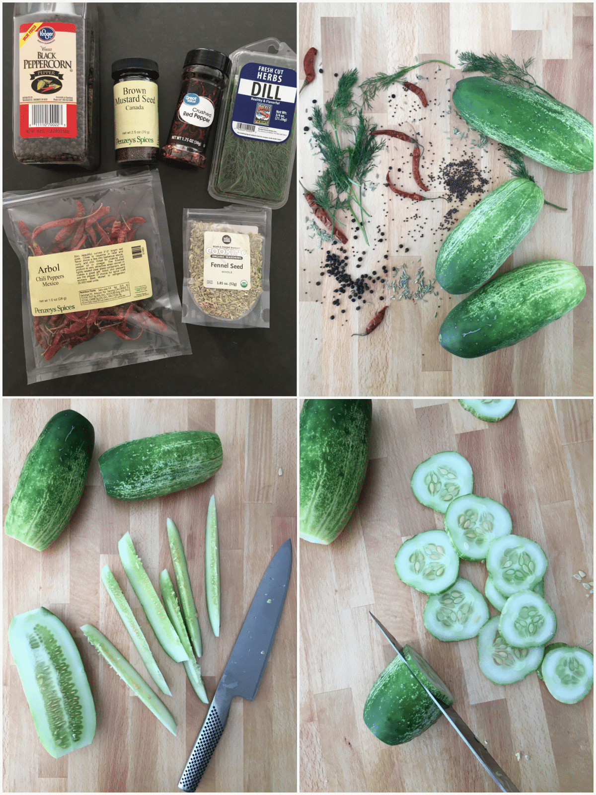 A four image collage showing how to make quick pickles: ingredients and chopping cucumbers into round slices and wedges.