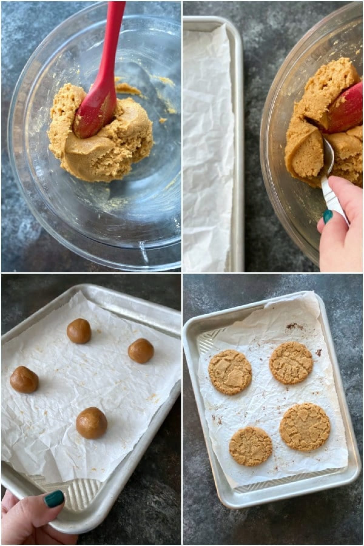 Four image collage showing How To Make Flourless Almond Butter Cookies: mix, scoop and roll dough, bake, finished cookie