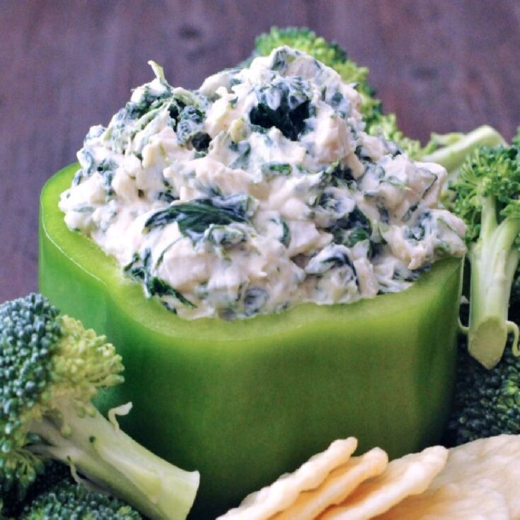 Spinach dip served in a hollowed out green bell pepper, with fresh broccoli trees and rice crackers for dipping.