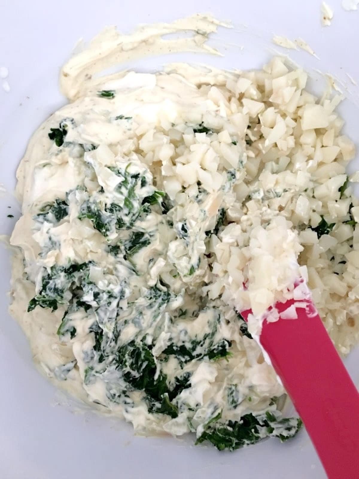 How To Make Spinach Dip: [cashew cream, defrosted chopped spinach, chopped water chestnuts, spices like dried garlic and onion powder] about to be stirred together in a bowl.