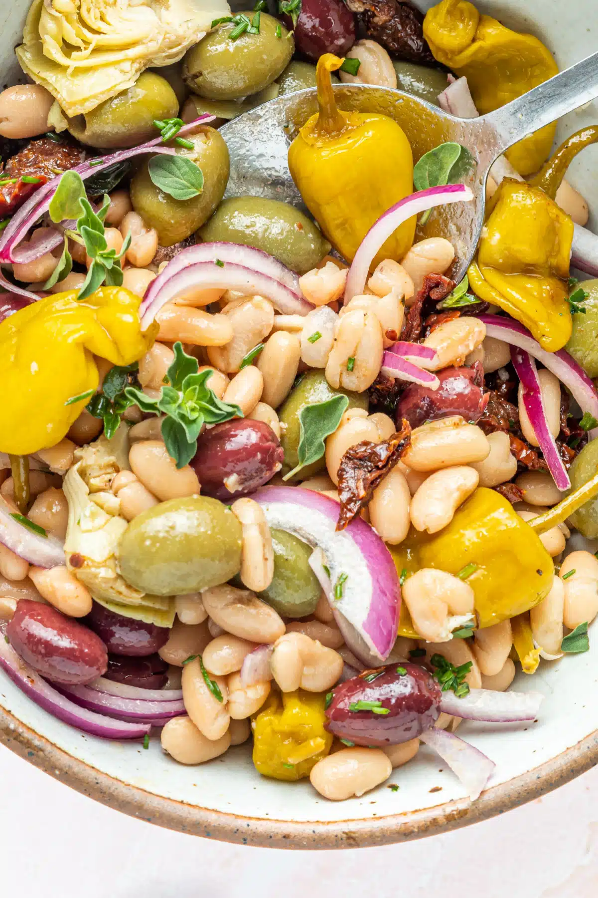 A bowl of antipasto salad, which includes black kalamata and green castelvetrano olives, white beans, sun dried tomatoes, sliced artichoke hearts, sliced red onion, pepperoncini peppers, herbs and spices.