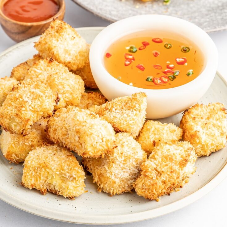 A rustic white plate of crispy breaded tofu with a smaller white bowl of dipping sauce.