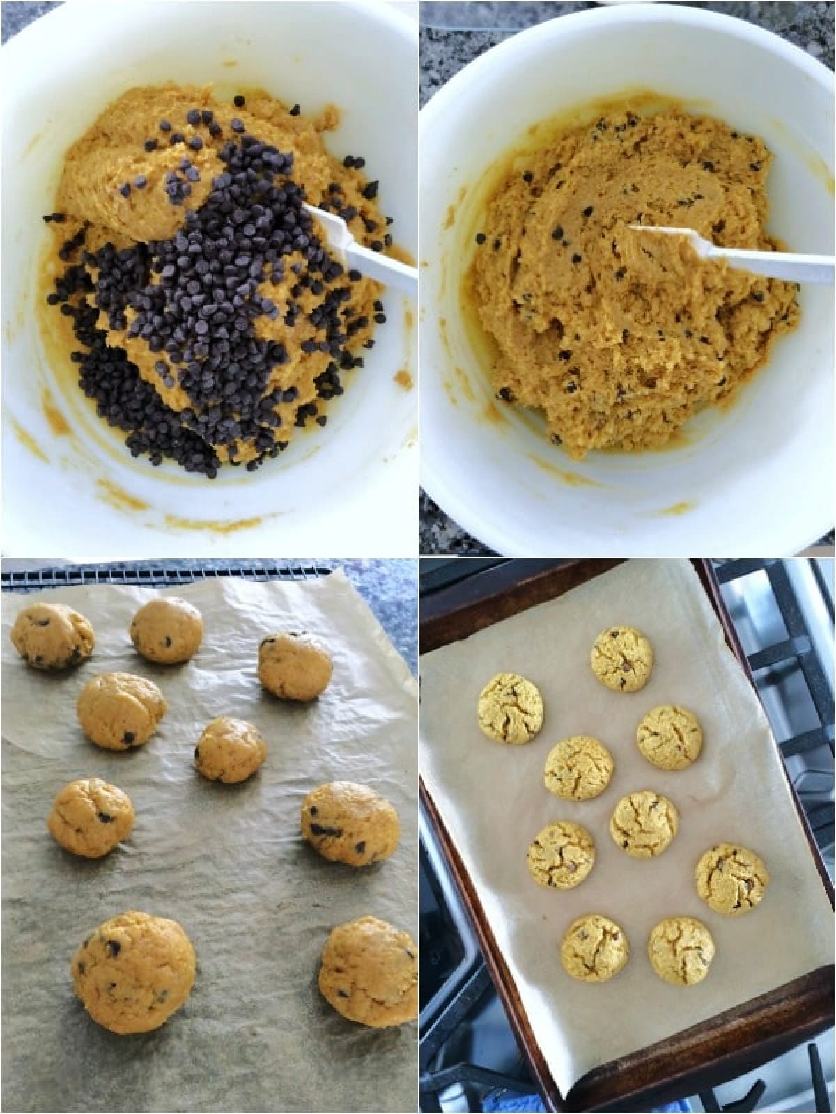 A four image collage showing how to make pumpkin cookies: add chocolate chips to the cookie dough, roll into balls, place on cookie sheet and bake.