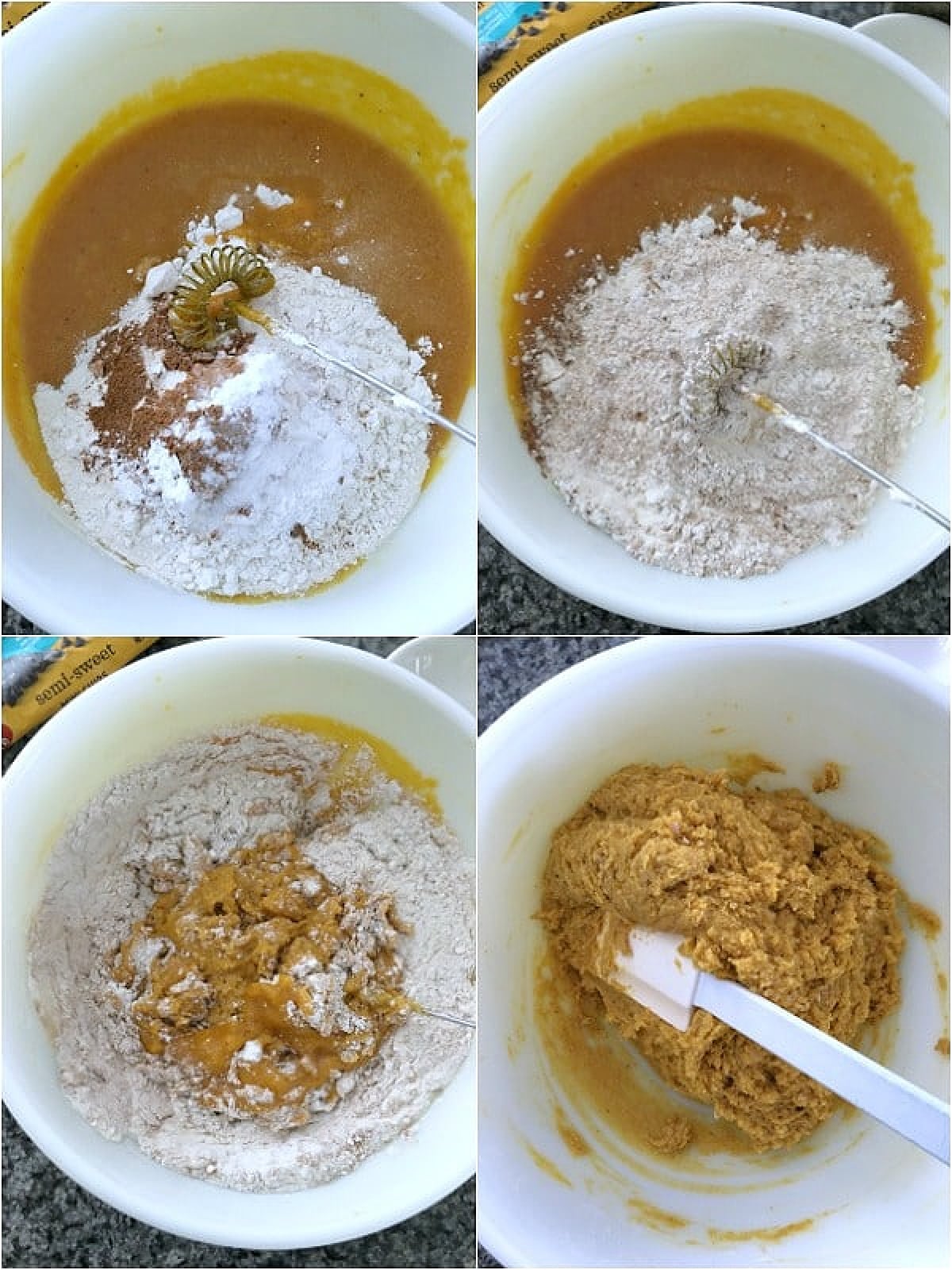 A four image collage showing how to make pumpkin cookies: add flour to the bowl, whisk together into the wet ingredients.