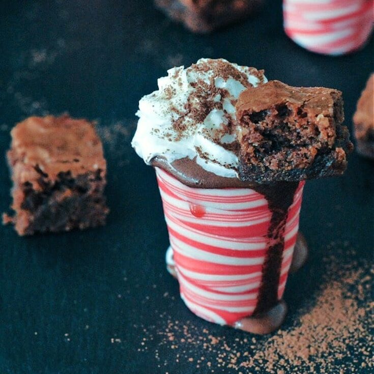 Hot chocolate peppermint shots: hot chocolate in an edible peppermint candy shot glass, topped with whip cream and a small brownie square.