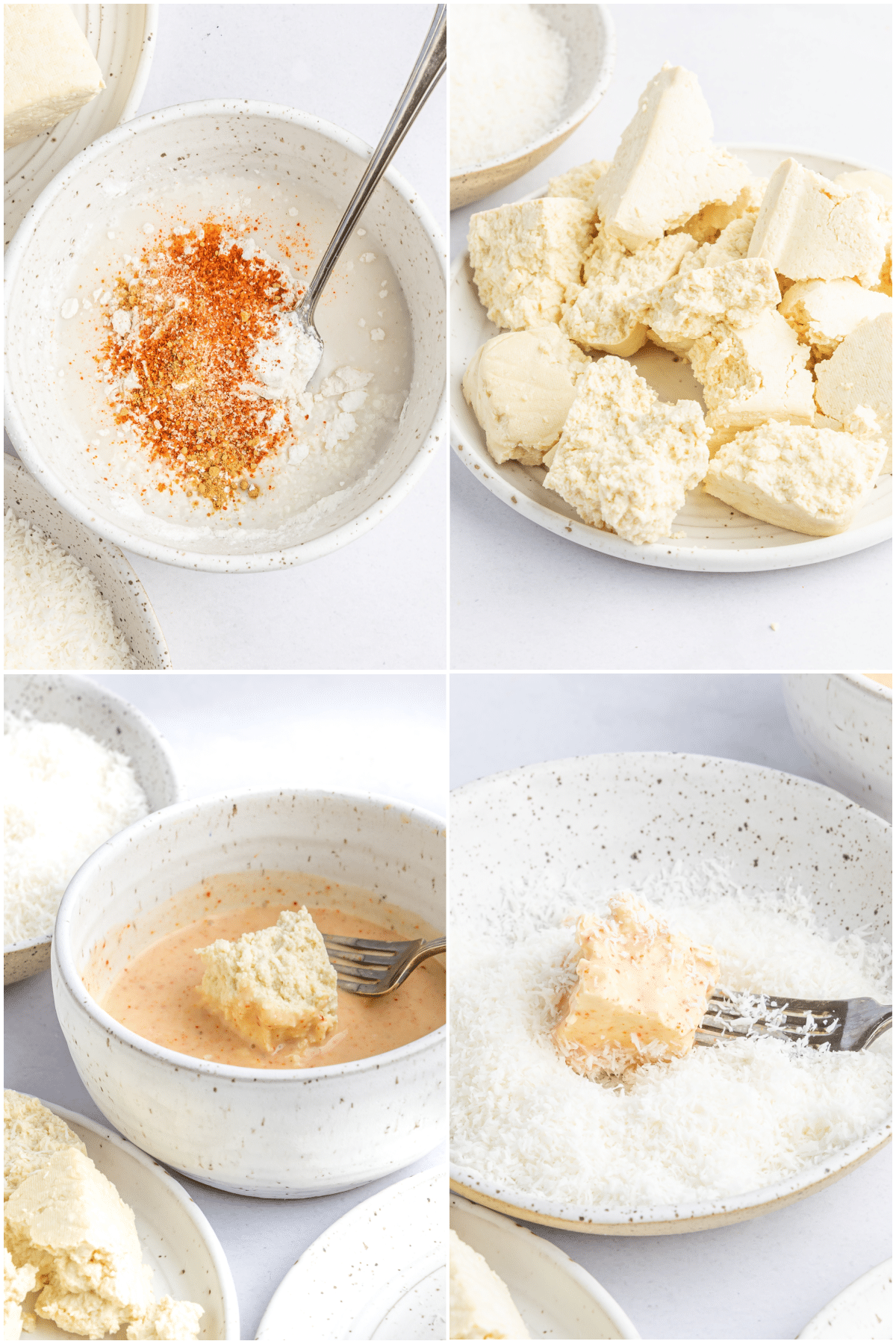 A four photo collage showing how to make crispy coconut tofu: make one bowl with wet batter, rip tofu into rough chunks, dip tofu chunks into wet batter, then dredge battered tofu through shredded coconut.