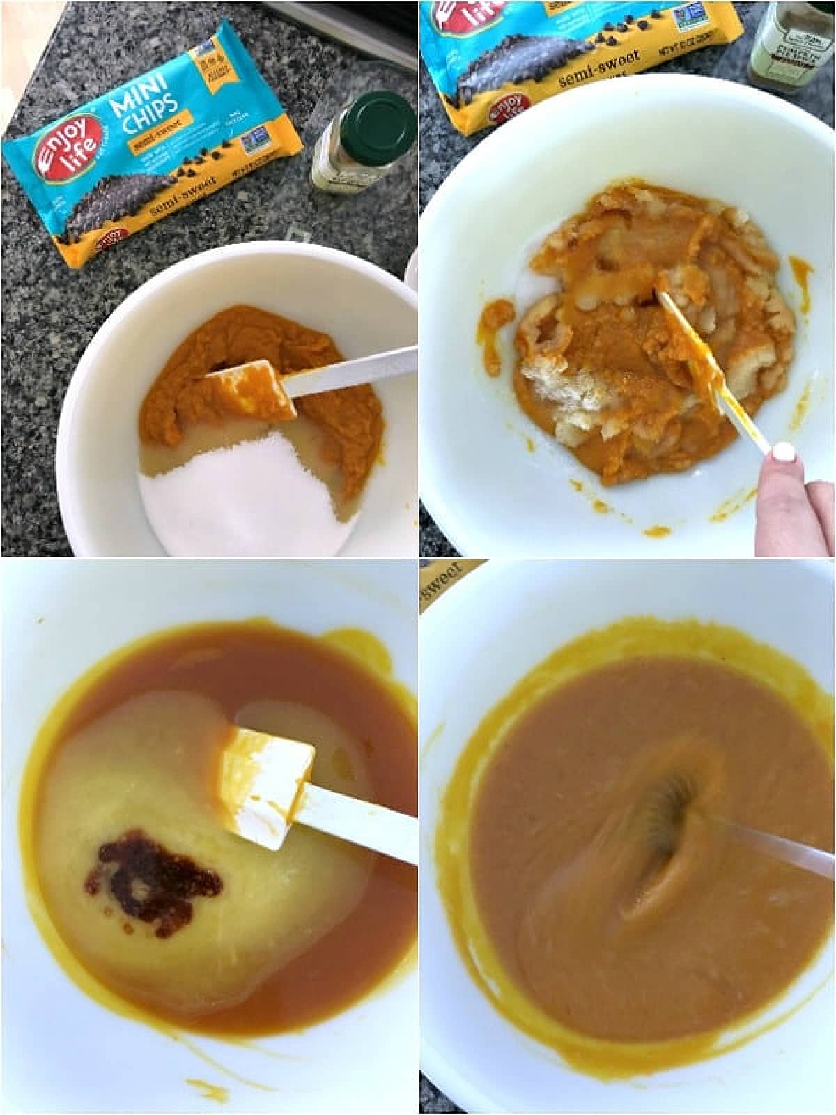 A four image collage showing how to make pumpkin cookies: cream together pumpkin and sugar in a bowl, add melted butter and vanilla, stir until smooth.