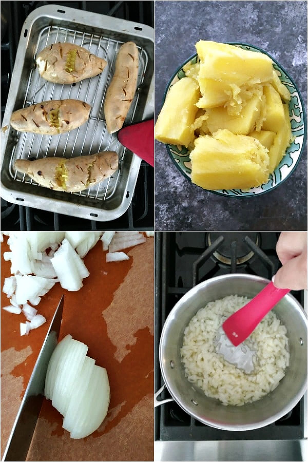 A four image collage shows how to make vegan sweet potato soup: bake potatoes, chop onion, saute onion.