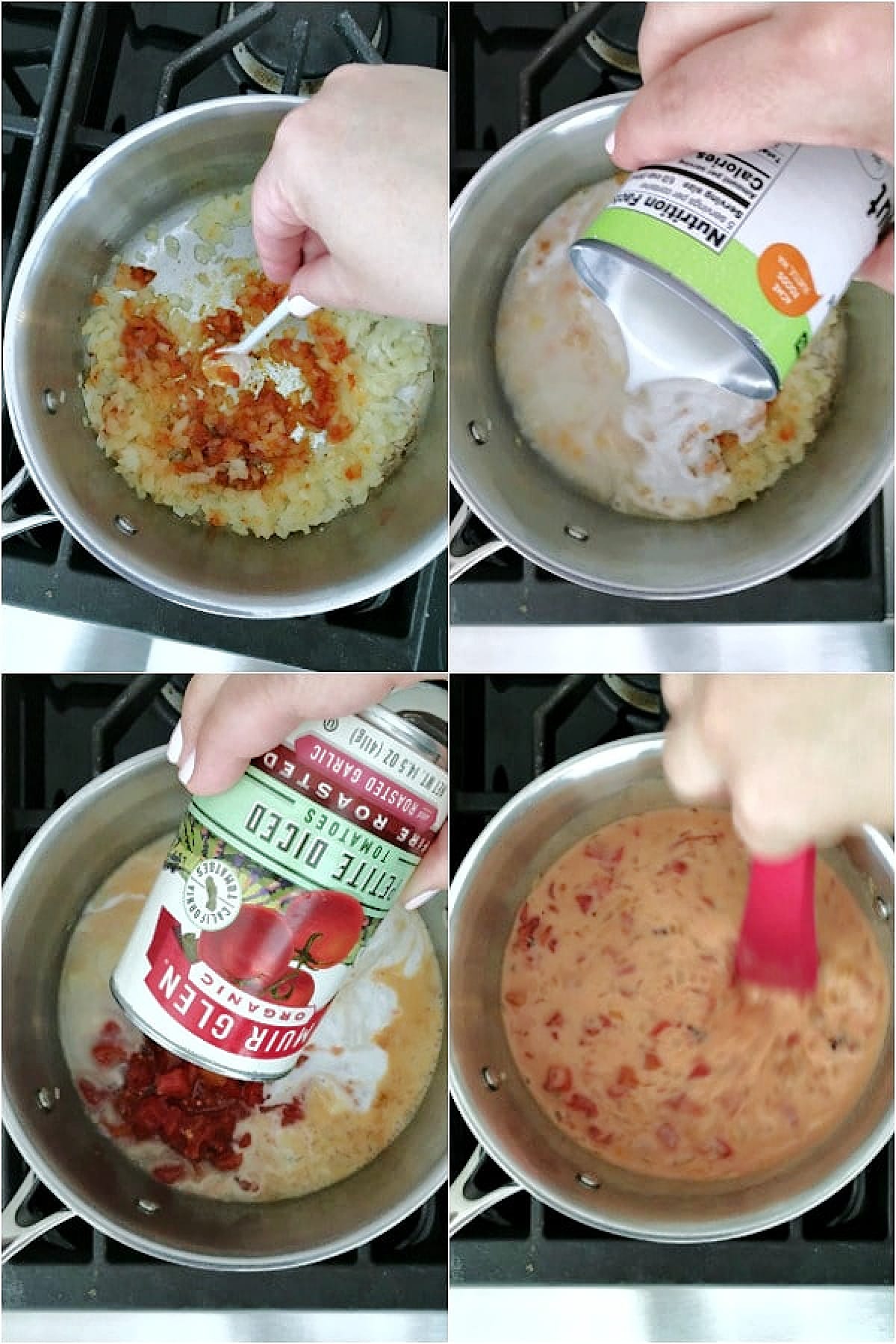 A four image collage shows how to make potato soup: add curry, coconut milk, diced tomato, stir.