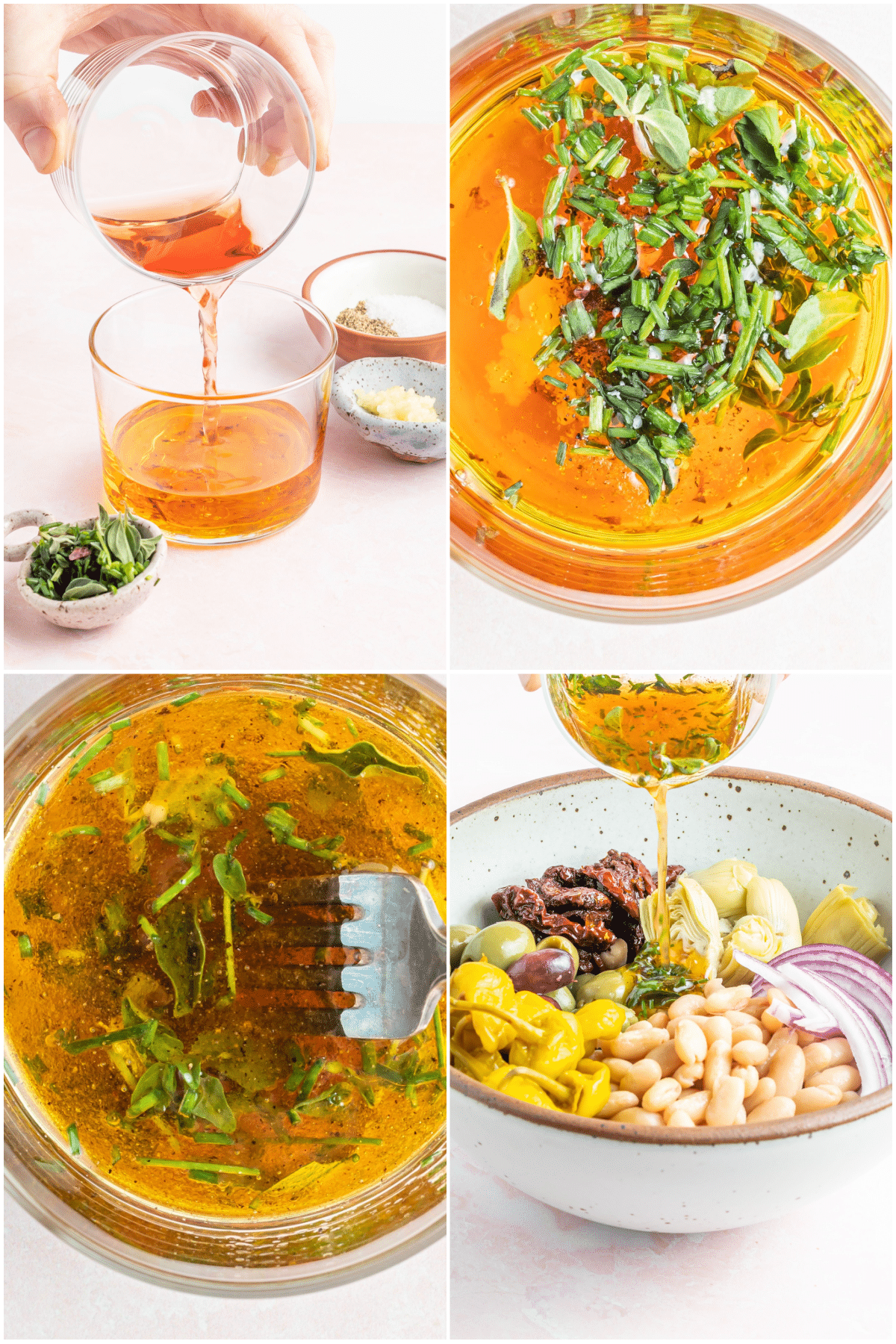 A four image collage showing how to make sun dried tomato salad dressing: pouring vinegar into oil, adding and mixing fresh herbs, pouring over a bowl of salad.