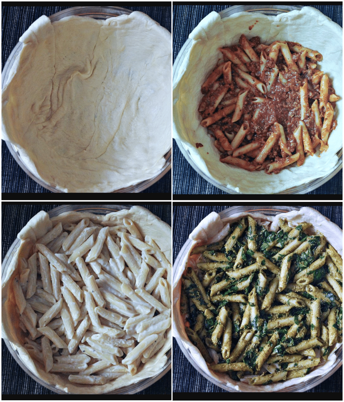 A four image collage showing how to make a timpano: a red marinara layer of penne pasta on top, a middle layer of white Alfredo pasta, and a bottom layer of green pesto pasta.