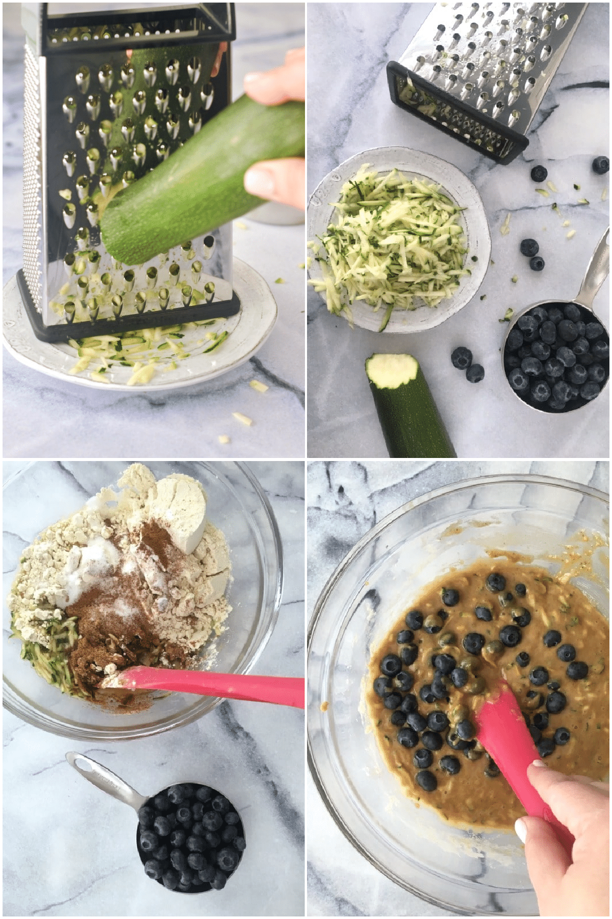A four image collage showing how to make vegan zucchini bread: a hand grating zucchini with a box grater, a plate of grated zucchini next to a box grater and a cup of fresh blueberries, a glass mixing bowl with dry ingredients measured in, that glass mixing bowl with the fully mixed batter for zucchini bread.