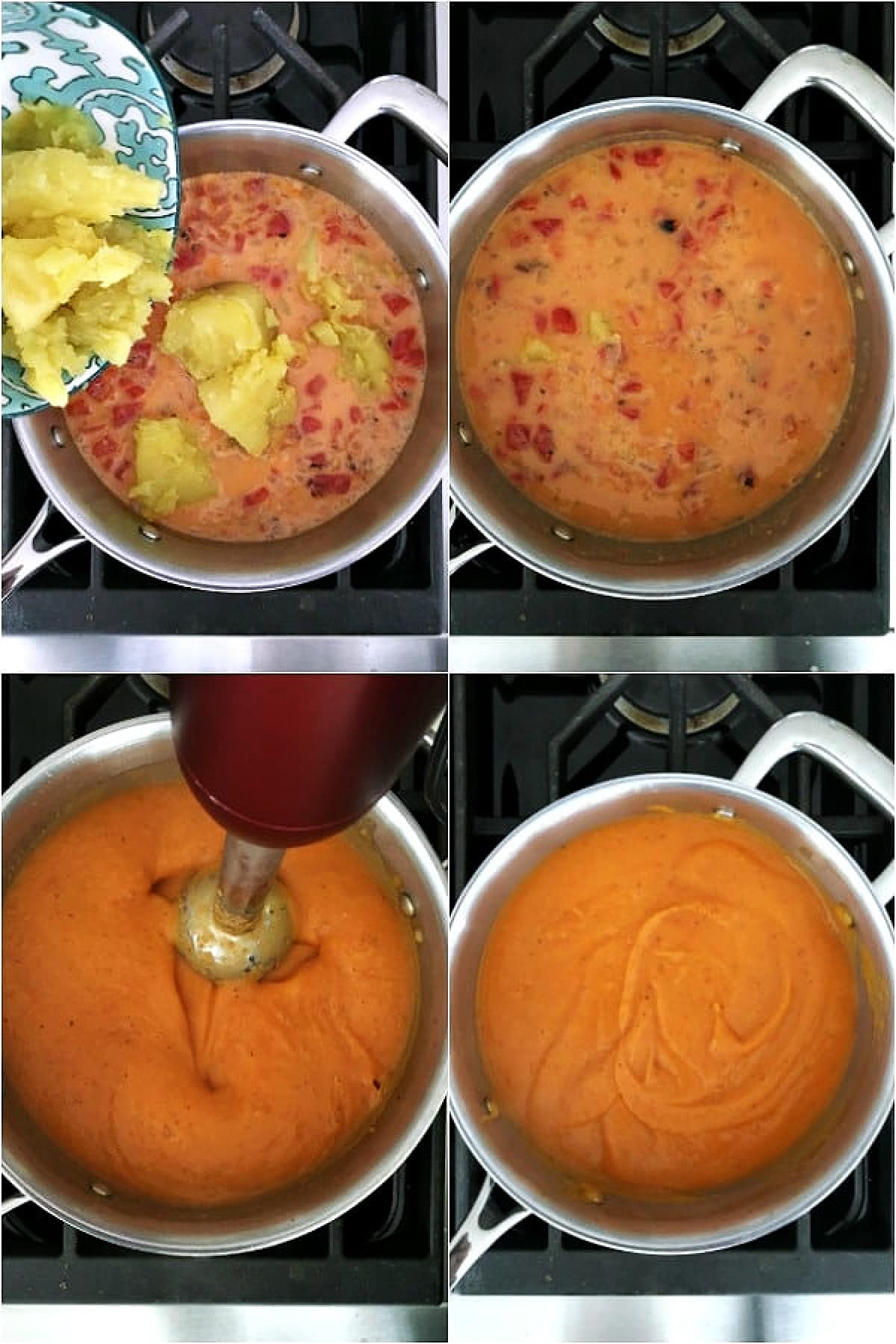 A four image collage shows how to make soup: add curry, coconut milk, diced tomato, stir.: add potato to coconut tomato base, blend with stick blender.