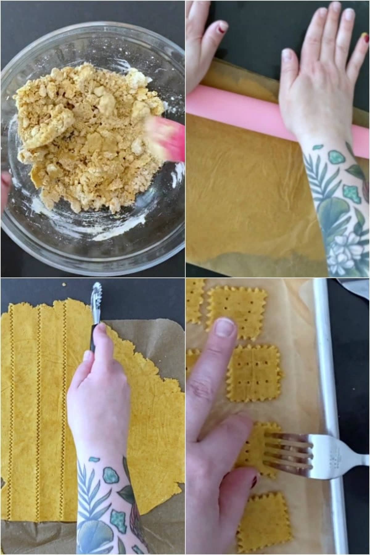 A four photo collage showing how to make vegan cheese its: stir, roll, cut, and bake.