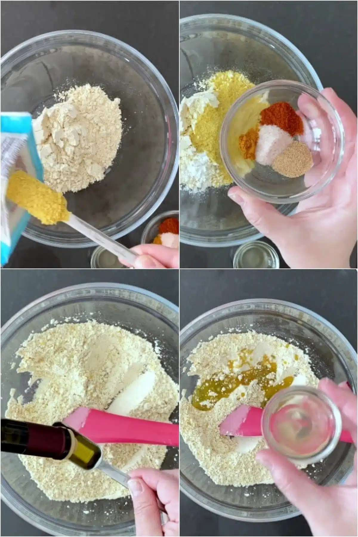 A four photo collage showing how to make vegan cheese crackers: bowls of dry ingredients, combining dry ingredients, then wet.