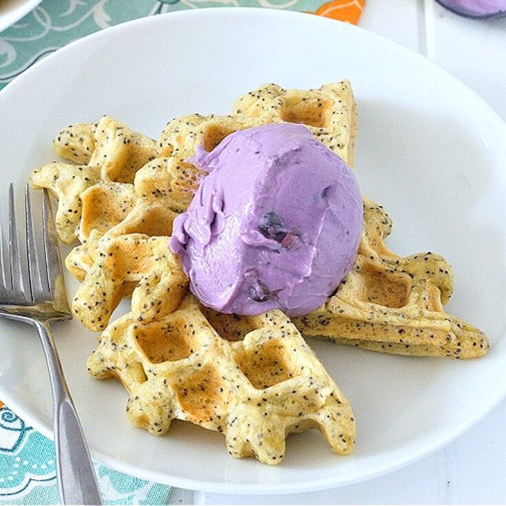 Close up of golden yellow lemon poppyseed waffles on a white plate with a scoop of light purple blueberry yogurt.