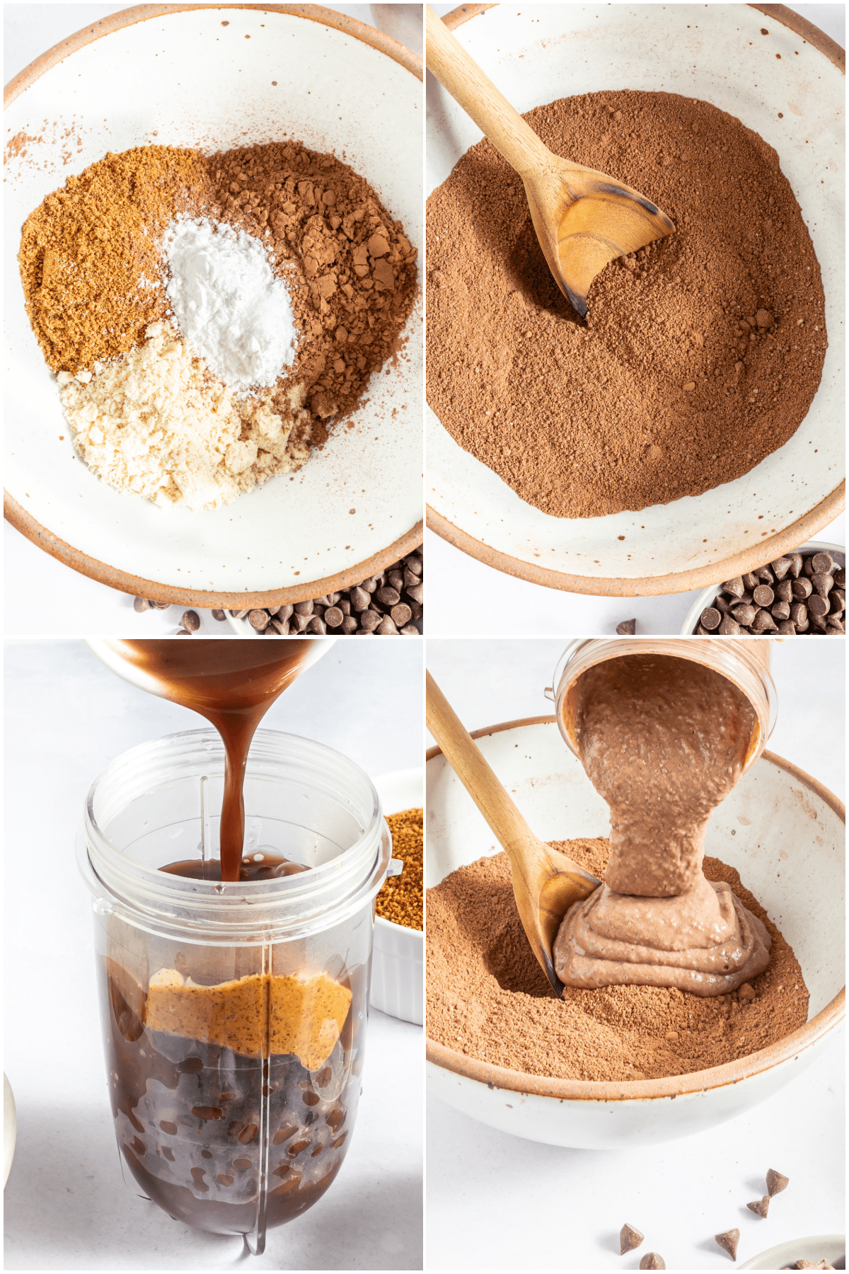 A four photo collage showing how to make black bean brownies: add and stir together dry ingredients to a bowl, blend beans and wet ingredients, add to dry.