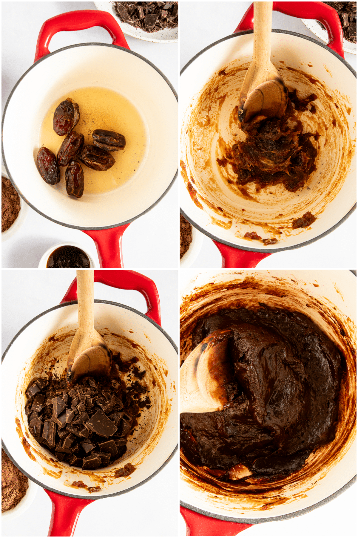 A four photo collage showing how to make bourbon balls: several dates and bourbon in a small saucepan, wooden spoon stirring as this mixture melts, add chopped chocolate, spoon stirring this melted mixture.