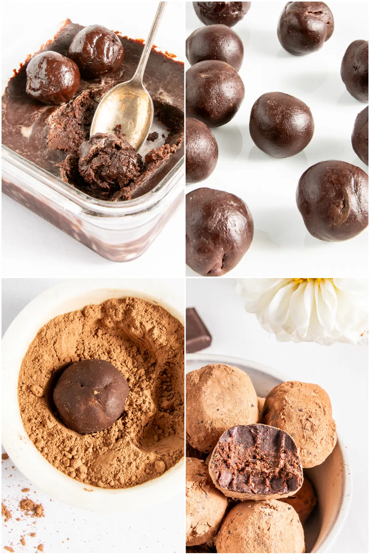 A four photo collage showing how to make chocolate bourbon truffles: previously melted mixture becomes solid in refrigerator, scoop spoonfuls and roll into balls, roll balls in cocoa powder, finished bourbon balls in a white bowl.