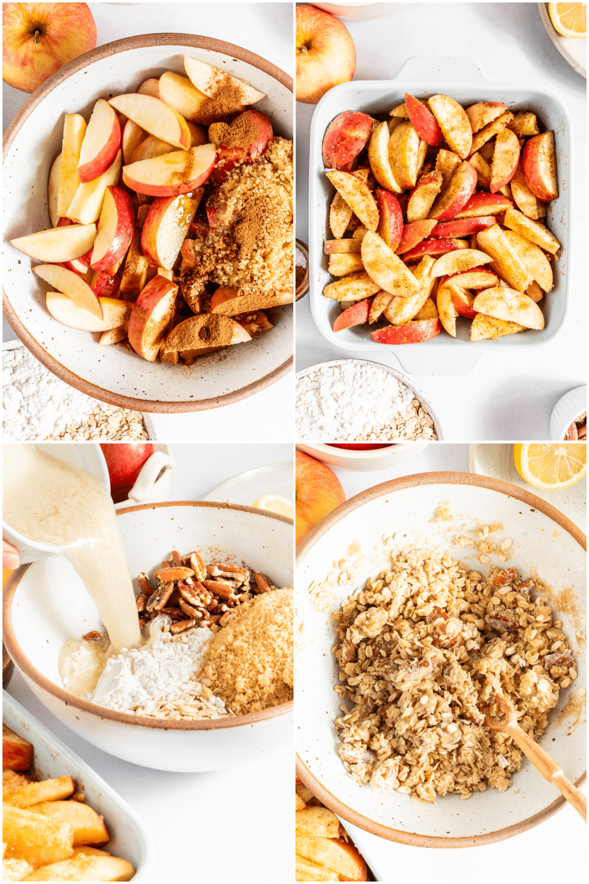A four photo collage showing how to make a gluten free apple crisp: add sliced apples to a bowl with sugar and stir to coat, add apples to a square baking dish, combine all ingredients for a crisp topping and stir until crumbly.