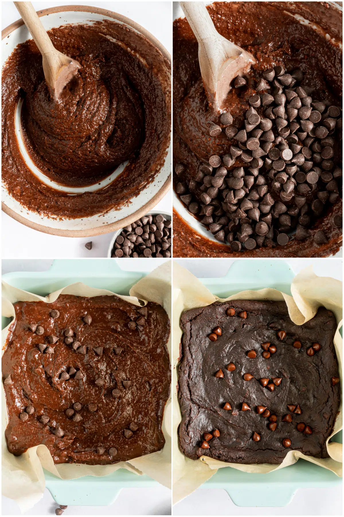 A four photo collage showing how to make black bean brownies: combine the black bean mixture with dry ingredients, add chocolate chips, spread in a parchment lined square baking dish, bake.