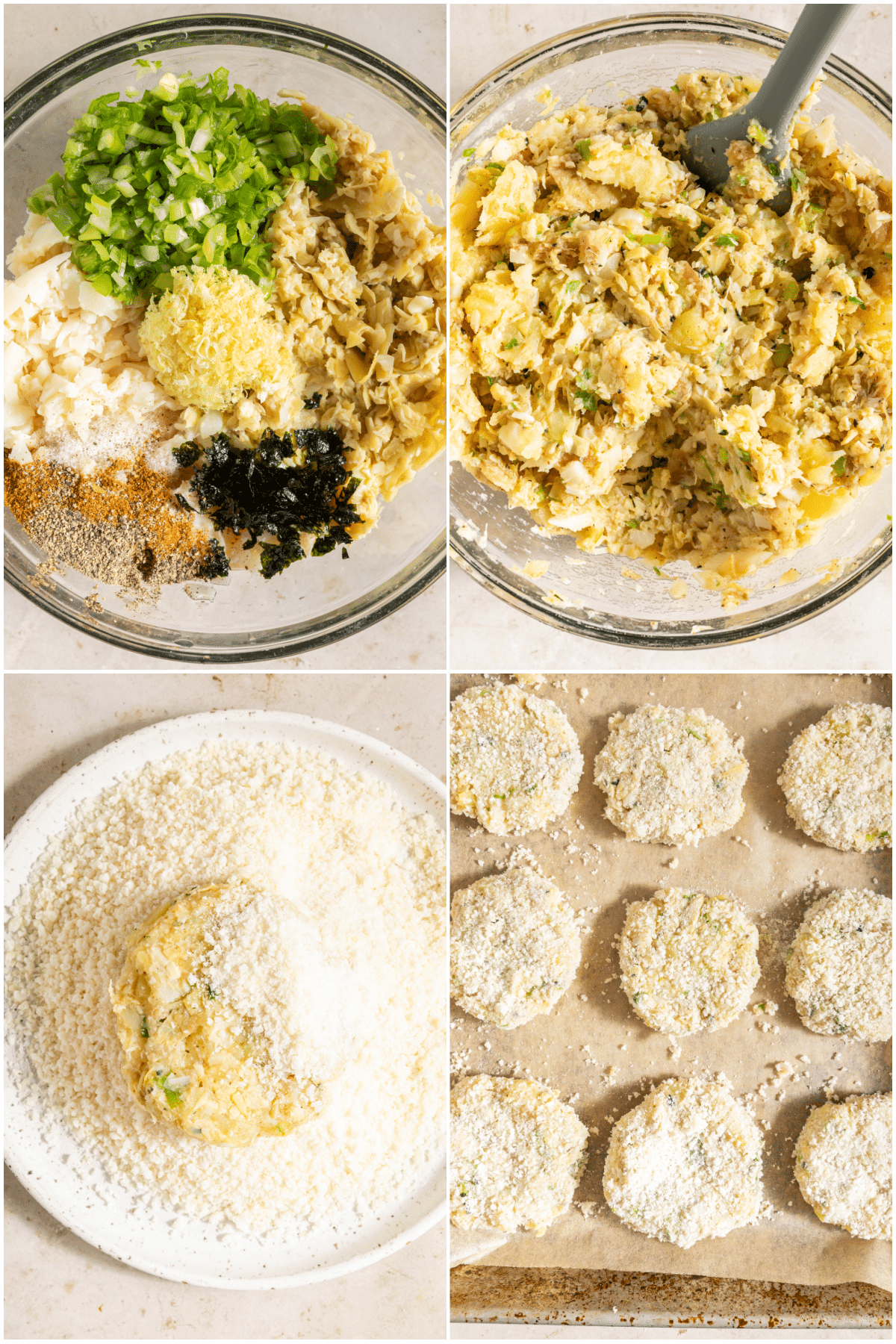 A four image collage showing how to make vegan crab cakes: a glass bowl of unmixed ingredients (palm heart, artichoke heart, nori, onion, mashed potato, spices), the bowl of ingredients mixed, a crab cake in a plate of panko crumbs, crab cakes on a baking sheet.