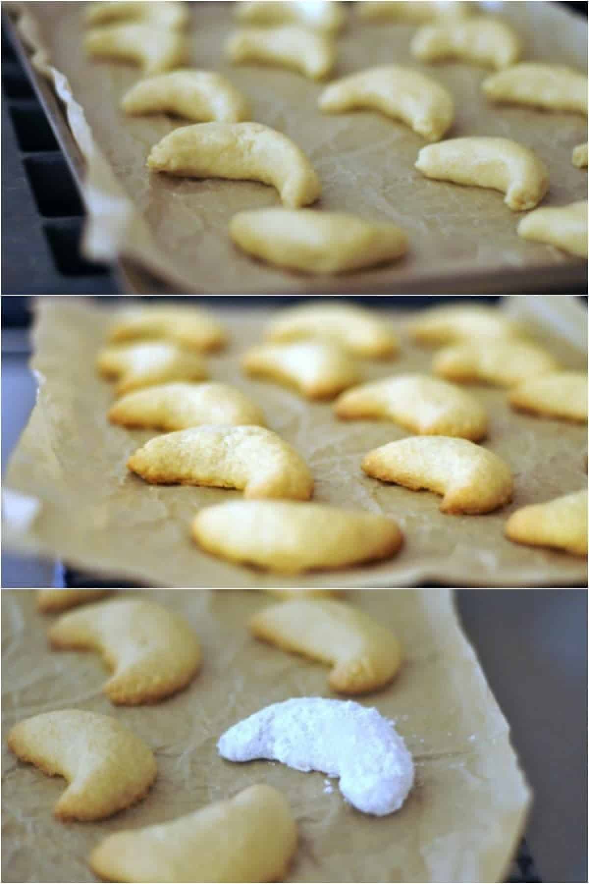 A three photo collage showing how to make crescent cookies: unbaked cookies on a parchment lined baking sheet, the cookies after baking, and cookies covered in powdered sugar.