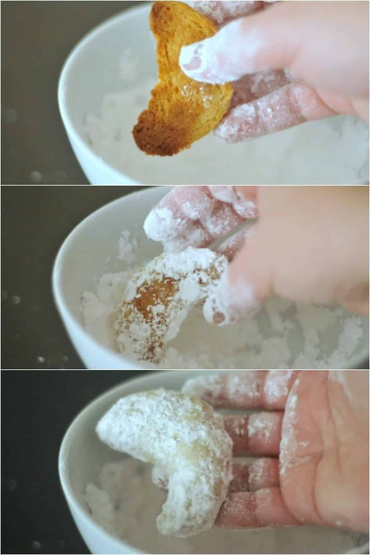 Three photo collage showing a hand dipping a crescent cookie into powdered sugar.